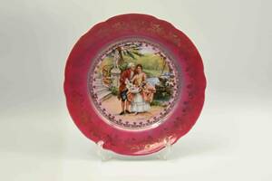 0210-1　飾り皿　無銘　貴族絵　金彩フラワー紋　ピンク　1900年代　フランス　アンティーク