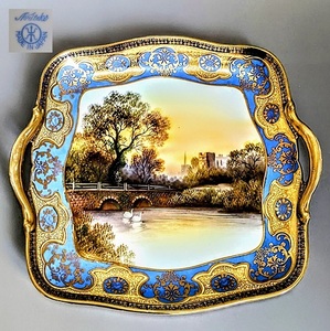 オールドノリタケ マルキ印 イギリス 金彩湖畔白鳥風景図 セーブルスタイル 大皿 プレート 