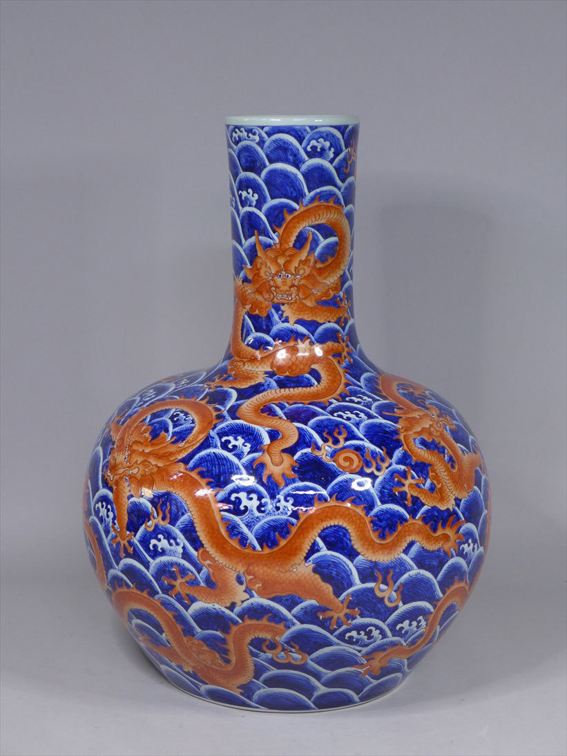 完売】 中国美術 舞龍文瓢箪型瓶 黄釉染付五爪龍瓢型花瓶 乾隆年製