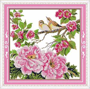 クロスステッチ刺繍キット 14CT 図案印刷 Flowers and little birds