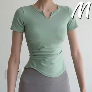 ミントグリーンMサイズ 体型カバー スポーツ ヨガウェア 半袖トップス レディース Tシャツ ウエストギャザー 細見え