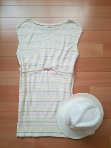 Snidel knitted One-piece multi border long cut and sewn tunic belt attaching ** no sleeve white white lady's tops 