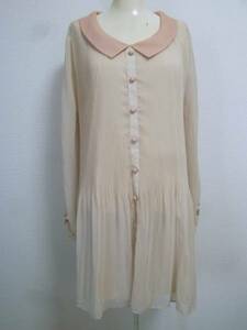 FREE*S SHOP/ Free's Shop *. beige collar attaching pleat chiffon blouse One-piece M/ long sleeve *715