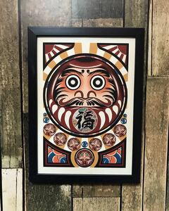 .. up illustration better fortune daruma red luck . luck 7 rotation ..... except . art frame A4 size interior New Year decoration amulet 