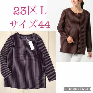 新品未使用☆23区Ｌ　LIGHT WEIGHT PONTE ストライプ カットソー 定価15,400円 ワイン系 大きいサイズ44