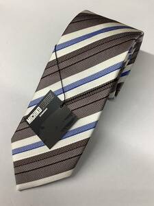 新品ミチコロンドン日本製ネクタイ　春夏綺麗な明るいブラウンサックスストライプ柄　 シルク100%お買い得サービス