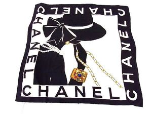 1円 ■美品■ CHANEL シャネル マドモアゼル シルク100% 大判 スカーフ ストール レディース ブラック系×マルチカラー AA9656uオ