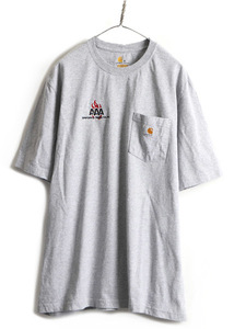 大きいサイズ XL ■ カーハート ポケット付き 半袖 Tシャツ ( メンズ ) 古着 CARHARTT ワンポイント 企業 ロゴ ヘビーウェイト ワーク 杢灰