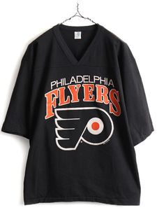80s USA製 人気 黒 ■ NHL オフィシャル フライヤーズ プリント フットボール Tシャツ ( メンズ M ) 古着 80年代 ビンテージ 半袖Tシャツ