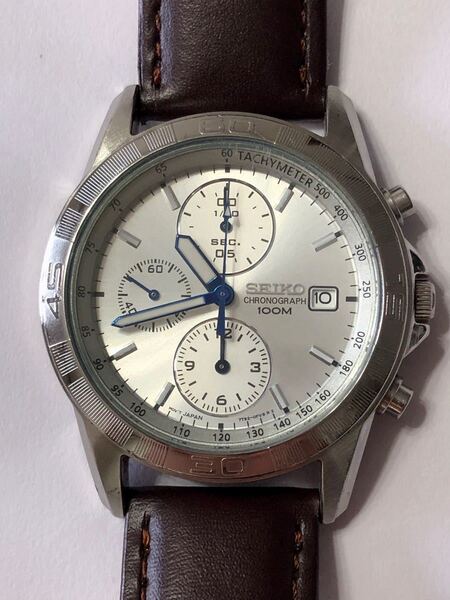 【珍品・レア】SEIKO 腕時計 クロノグラフ 変わりベゼル・青針・希少な完動品 電池交換済 ご相談・質問歓迎します。