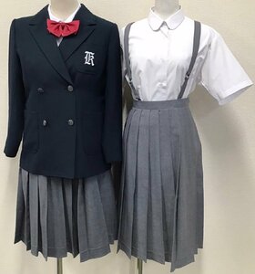 OT460 (中古) 栃木県 河内中学校(旧制服) 7点セット/5-/W66/ブレザー/ベスト/ブラウス/吊りスカート/リボン/制服/学生服/女子学生/卒業生品