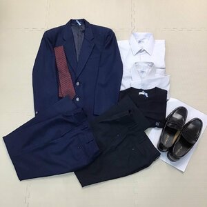 OT489 (中古) 栃木県 鹿沼東高校 男子学生服 8点セット /M-/L/W76/ブレザー/カーディガン/シャツ/ズボン/ネクタイ/靴/制服/中学校/学生服