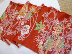 【usagi】 ( 26)　和古布　正絹　はぎれ　紅型風　鳥と花　36ｃｍ×１１０cm 　小物作り　つるし雛　 