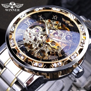 海外トップブランド WINNER メンズ高級腕時計 機械式スケルトンダイヤル手巻き ストーンステンレスバンド