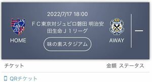 7/17 FC東京 vs ジュビロ磐田 バック自由席１枚