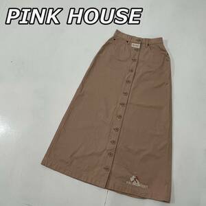 【PINK HOUSE】ピンクハウス ロゴ 刺繍 フロントボタン 前開き フレア ロングスカート 薄桃色 ライトピンク P018EFS25