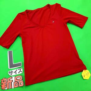 s4★新品★FILA フィラ★送料無料★無地ストレッチメッシュ生地 涼しい半袖Tシャツ レディースLサイズ レッド赤色スポーツインナーにも