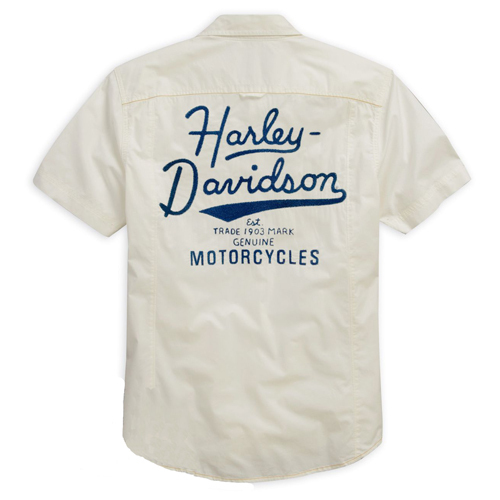 Harley Davidson 中古品・特に汚れ・使用感、無し・メンズ・半袖シャツ (XL)ホワイト・ブルー（チェーンステッチロゴ）刺繍