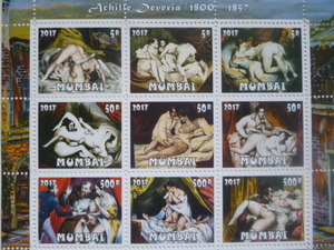 インド(ムンバイ)切手『ヌード画』(Achile＝Deveria) 9枚シートB