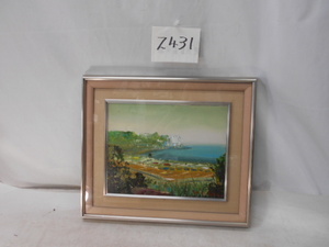 大雅堂2431　稲取温泉風景画　油絵　ステンレス額　径59㎝x50㎝　在銘品　美品　インテリア　越前蔵うぶ出し