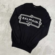 [未使用級] BALMAIN バルマン フロントロゴ刺繍　長袖ニットセーター クルーネック メリノウール　ブラック　黒 XS_画像1