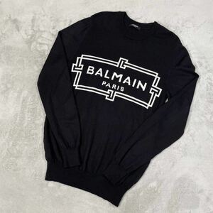 [未使用級] BALMAIN バルマン フロントロゴ刺繍　長袖ニットセーター クルーネック メリノウール　ブラック　黒 XS