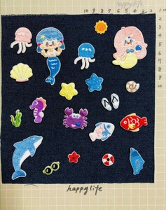 可愛い海生き物刺繍アイロンワッペンシールタイプ