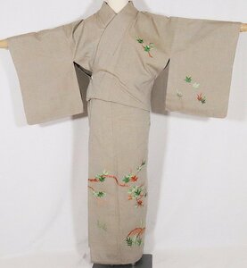 単衣 手織紬 訪問着 正絹 薄緑 紺 暈し 総刺繍 紅葉 ki26812 Mサイズ 中古美品 レディース シルク 6月9月10月シーズン 送料無料