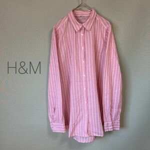 ◎H&M エイチアンドエム シャツ 長袖シャツ ブラウス ストライプ柄シャツ レディース サイズ34 ピンク色 コットン100％