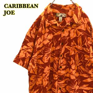 CARIBBEAN JOE カリビアンジョー　アロハシャツ　半袖シャツ　リーフ　総柄　レーヨン　メンズ　Lサイズ 【AY0543】