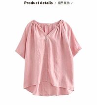 シャツブラウス　半袖シャツ　麻リネン通気性いい　ピンク色_画像1