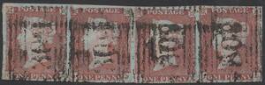 クラッシックイギリス切手・ヴィクトリア女王1841年ペニーレッド4枚列「スコット＃３, OI-OL」使用済み