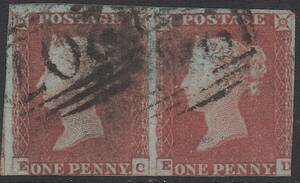 クラッシックイギリス切手・ヴィクトリア女王1841年ペニーレッド2枚列「スコット＃３, EC-ED」使用済み