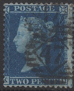 ＊＊＊クラッシック切手イギリス・ヴィクトリア女王1857年2ペンスブルー「スコット＃17, SG#34」「K-K」使用済み