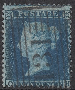 ＊＊＊クラッシック切手イギリス・ヴィクトリア女王1857年2ペンスブルー「スコット＃17, SG#34」「O-H」使用済み