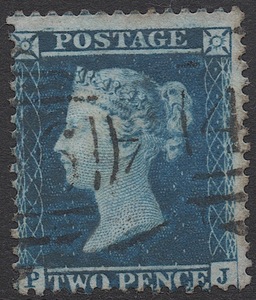 ＊＊＊クラッシック切手イギリス・ヴィクトリア女王1857年2ペンスブルー「スコット＃17, SG#34」「P-J」使用済み
