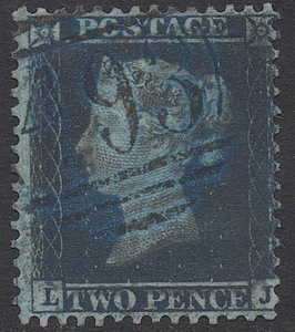 ＊＊＊クラッシック切手イギリス・ヴィクトリア女王1857年2ペンスブルー「スコット＃17, SG#34」「L-J」使用済み