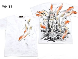 手描き半袖Tシャツ「九尾の狐」◆禅 ホワイト3Lサイズ KTH0036 和柄 和風 きつね キツネ 炎 手書き 妖怪 京都 職人