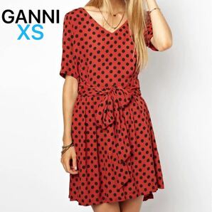 【GANNI】 ガニー カシュクールラップワンピース　ドット柄　XS S ワンピース　巻きワンピース