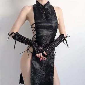超セクシーチャイナドレス・ショーツ・グローブセット ハイスリット ランジェリー ナイトウェア コスプレ ベビードール 黒 フリーサイズ 4