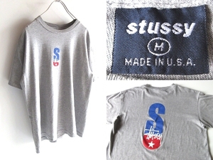 希少 90sビンテージ USA製 STUSSY ステューシー トリコロール/スター/イニシャルロゴ コットン Tシャツ M グレー 紺タグ ネコポス対応