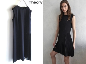 美品 Theory セオリー 2019SS SYNTHETIC CREPE PLEATED DAY DRESS アシンメトリープリーツ ノースリーブワンピース ドレス 0 ネイビー