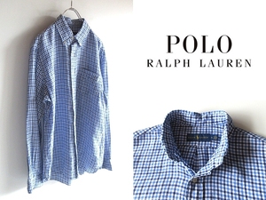 ネコポス可 Ralph Lauren ラルフローレン ギンガムチェック リネン BDシャツ M ブルー ネイビー ホワイト 青紺白 ボタンダウン 国内正規品