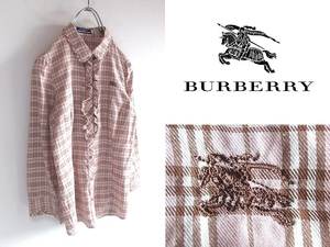 ネコポス対応 BURBERRY BLUE LABEL バーバリー ブルーレーベル ホースロゴ刺繍 ノバチェック フリルシャツ ブラウス 36 ライトピンク