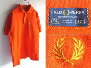 希少 80sビンテージ 英国製 FRED PERRY フレッドペリー ローレル刺繍 鹿の子 ポロシャツ 42 オレンジ イングランド製 旧タグ ネコポス対応