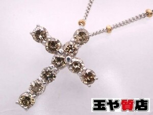 イタリー 美品 ブラウンダイヤ1.00ct クロス ペンダント ロング ネックレス K18WG K18YG