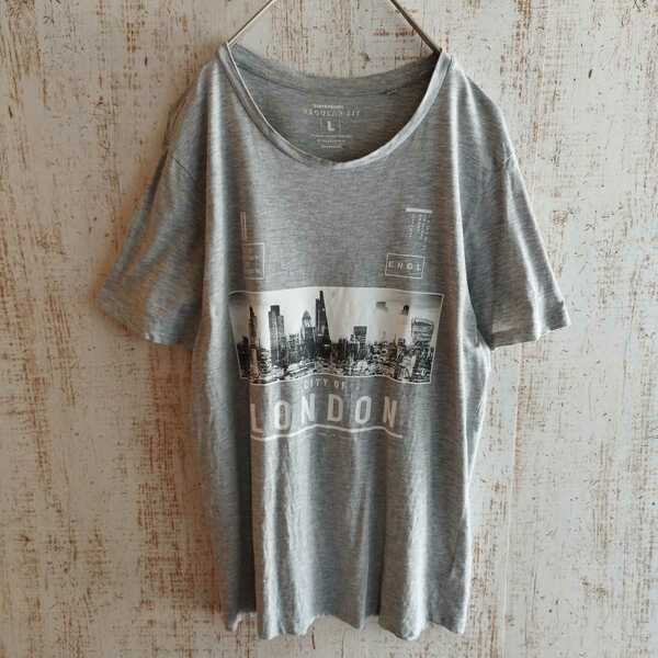 CLOCHOUSE　半袖Ｔシャツ　グレー　灰色　L　ロンドン　イギリス　写真　クロックハウス　街並　ビックベン　古着　ビンテージ