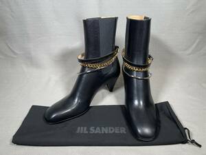 新品 本物 JIL SANDER レザー サイドゴア ブーツ 38 ジルサンダー 黒 ブラック 本革 チャーム チェーン ベルト付き