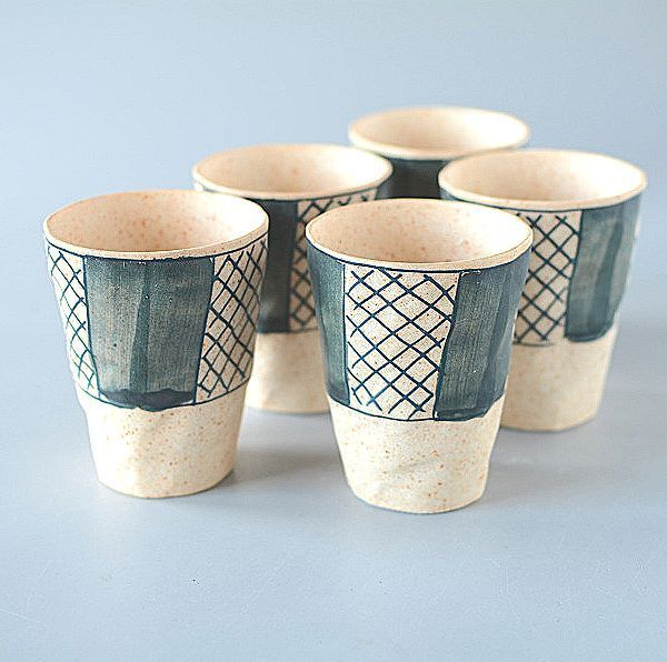 フリーカップ 5個 手描き網目 ナチュラルテイスト, 茶器, マグカップ, 陶磁製