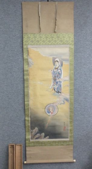 [复制品] 挂轴, 观世音菩萨 [B29609] 丝绸, 带盒, 佛教, 艺术, 绘画, 日本画, 人, 菩萨